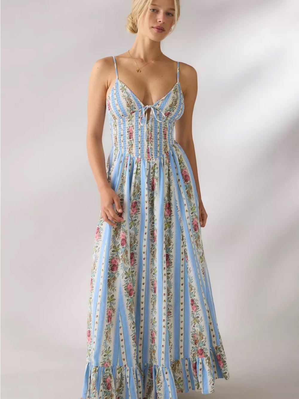 [NWT] Kimchi Blue Keepsake Tie-Front Smocked Cotton Maxi Dress
